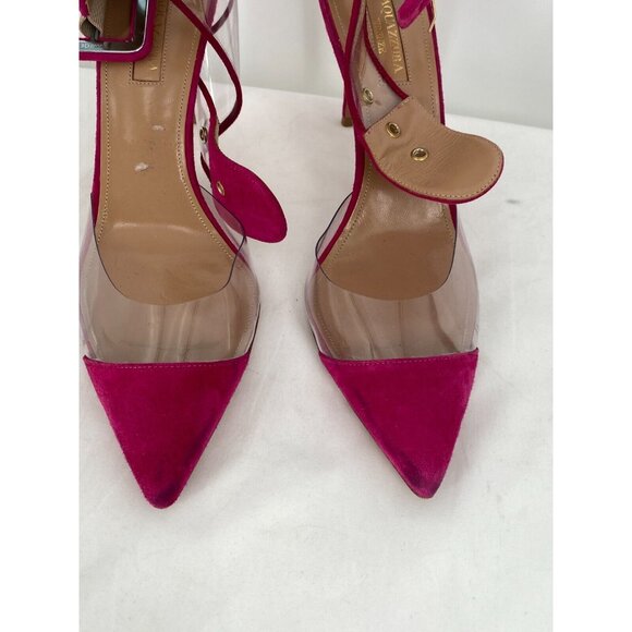 AQUAZZURA Pink Suede Nude Clear PVC Heels Ankle Wrap Shoes Pumps Heels Sz 38.5 - Picture 5 of 16